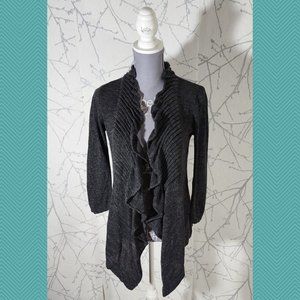 by Line Heathered Black Cotton Knit Ribbed Ruffle Front Cardigan
